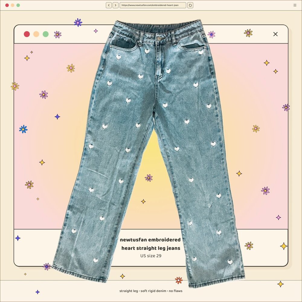 Newtusfan Embroidered Heart Straight Leg Jeans
